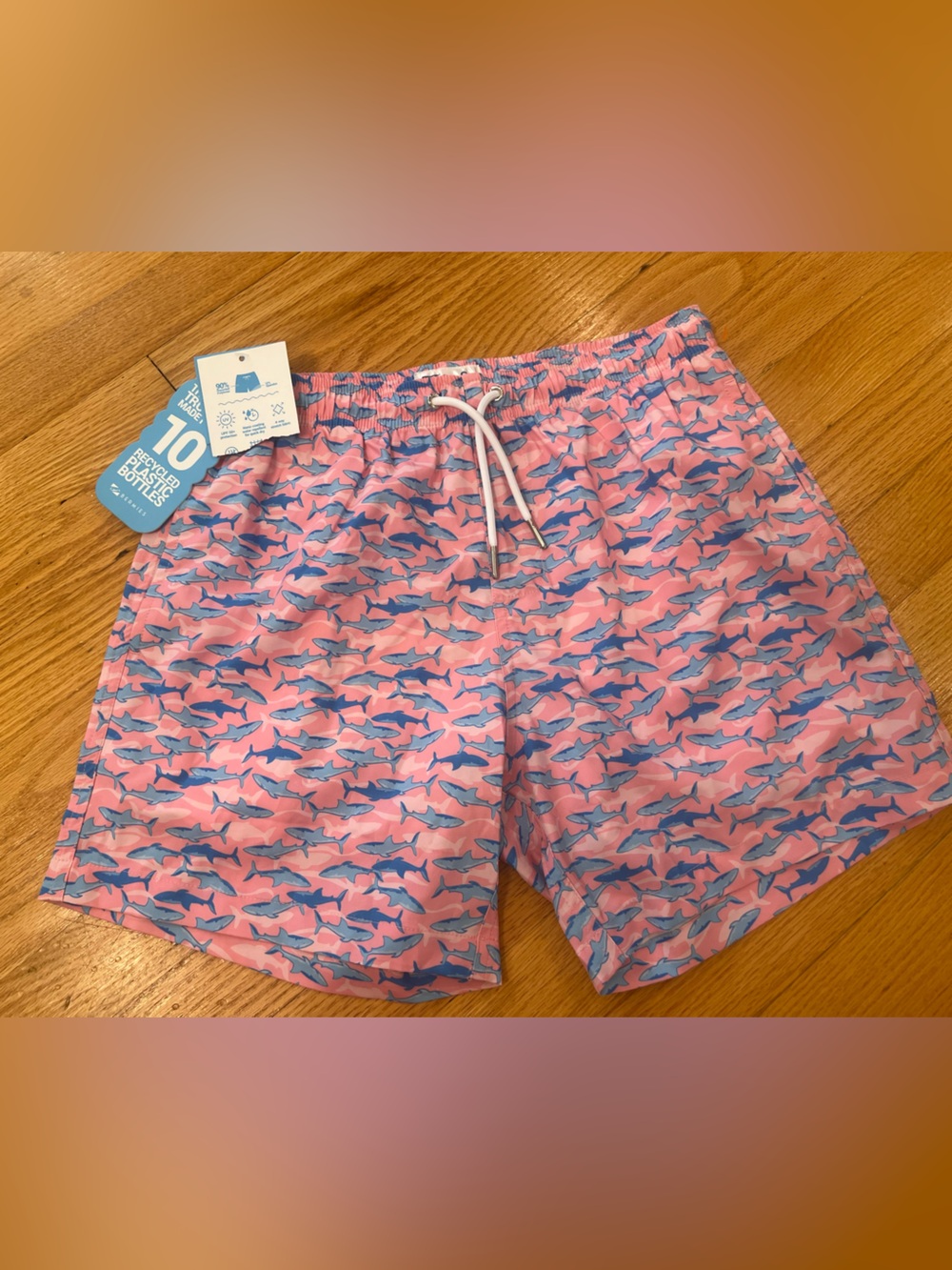 Bermies Pink Shark Print Swim Trunks